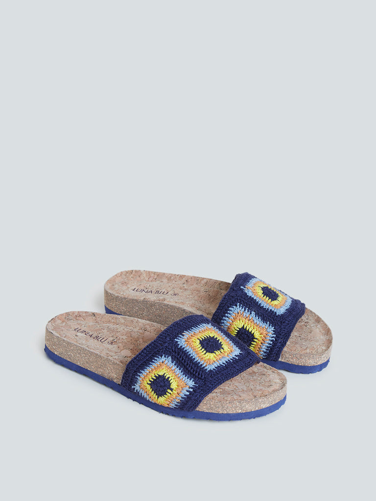 LUNA BLU Navy Geometrical-Patterned Slides